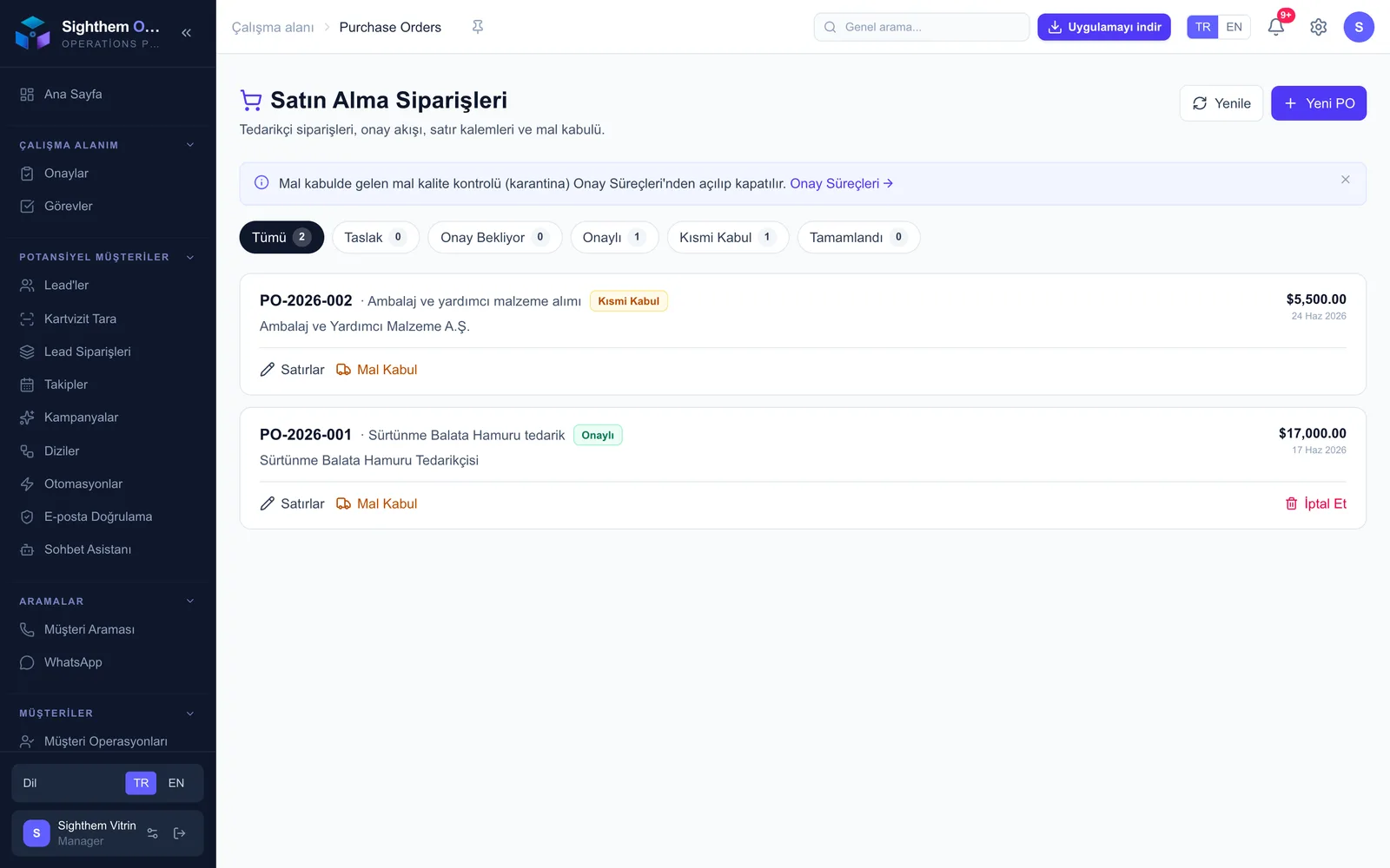 Purchasing: supplier orders with status and amount; 3-way invoice-order-receipt matching.