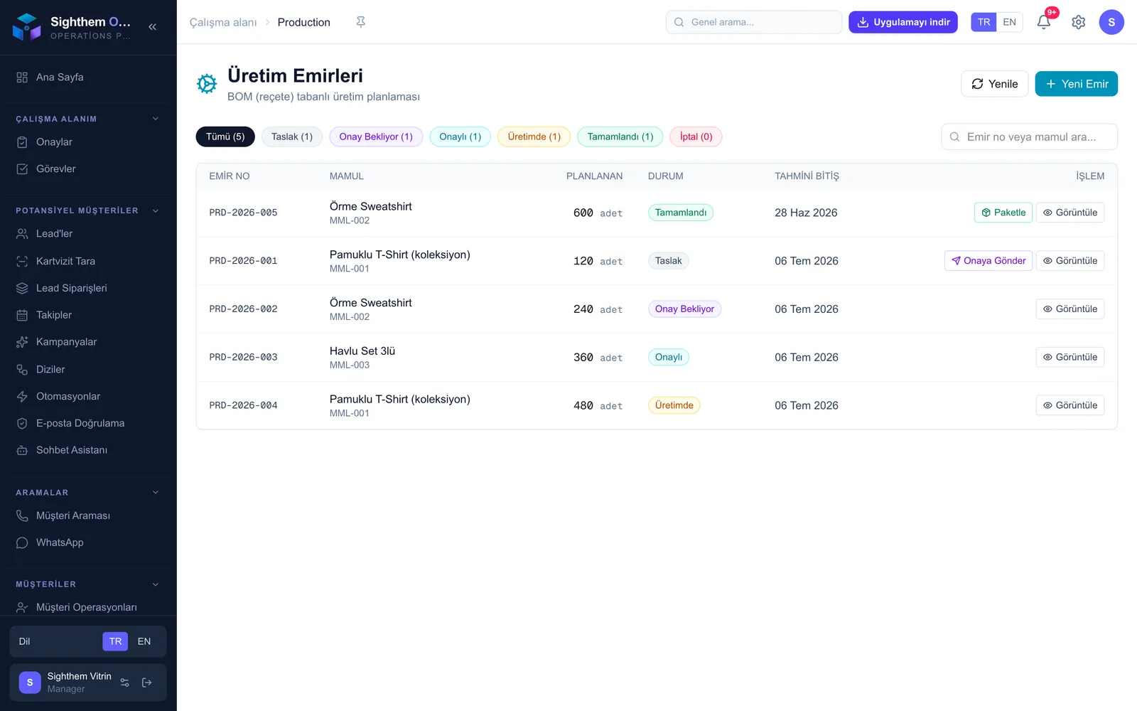 Üretim Emirleri: reçete (BOM) ile planlanan hazır giyim iş emirleri ve canlı üretim durumları.
